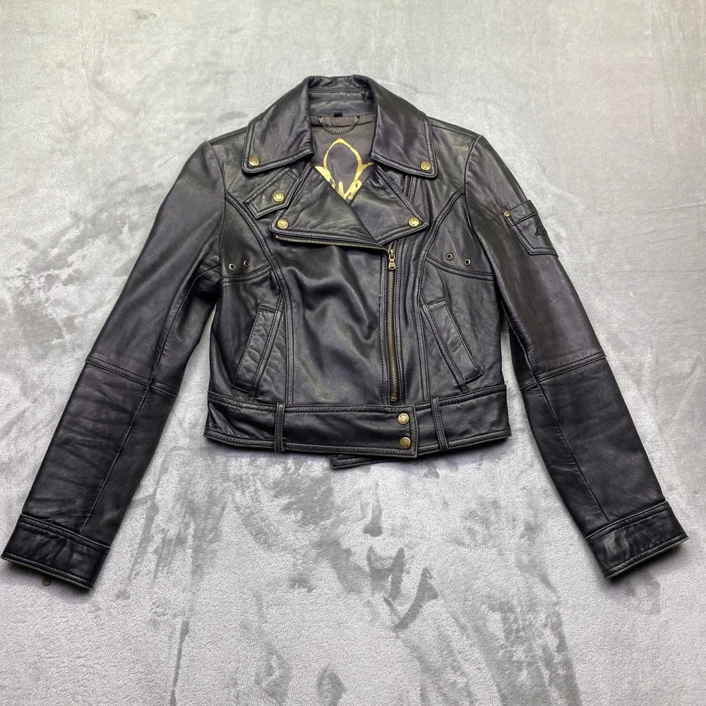 VTG Guess Womens Black Leather Moto Biker Jacket Asymmetrical Zip Brass Sz S/P - Picture 1 of 12